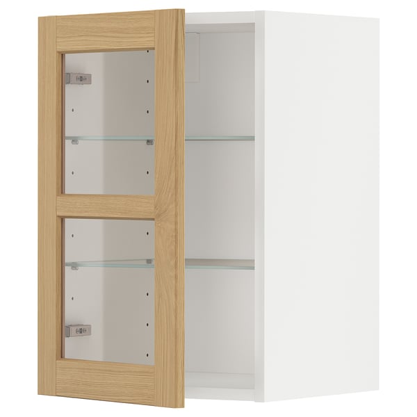 METOD wall cabinet w shelves/glass door, white/Forsbacka oak, 40x60 cm
