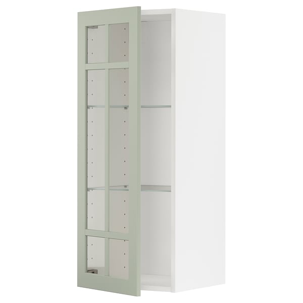 METOD wall cabinet w shelves/glass door, white/Stensund light green, 40x100 cm