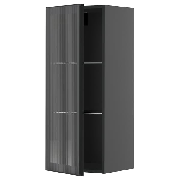 METOD wall cabinet w shelves/glass door, black-grey/Hejsta anthracite reeded glass, 40x100 cm
