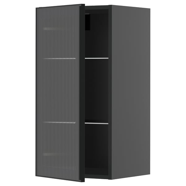 METOD wall cabinet w shelves/glass door, black-grey/Hejsta anthracite reeded glass, 40x80 cm