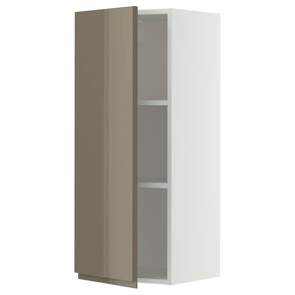 METOD wall cabinet with shelves, white/Voxtorp high-gloss dark grey-brown, 40x100 cm