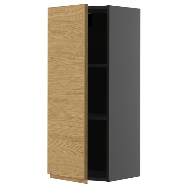 METOD wall cabinet with shelves, black-grey/Voxtorp oak effect, 40x100 cm