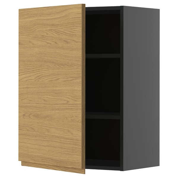 METOD wall cabinet with shelves, black-grey/Voxtorp oak effect, 60x80 cm