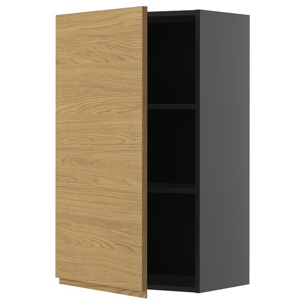 METOD wall cabinet with shelves, black-grey/Voxtorp oak effect, 60x100 cm