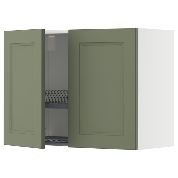 METOD wall cabinet w dish drainer/2 doors, white/Axstad grey-green, 80x60 cm