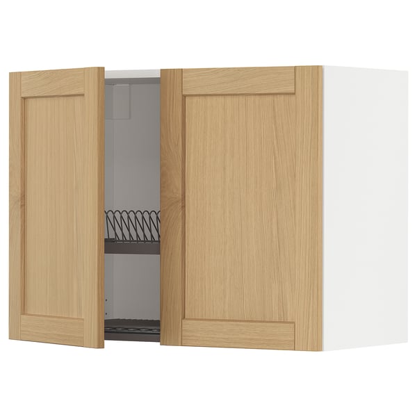 METOD wall cabinet w dish drainer/2 doors, white/Forsbacka oak, 80x60 cm