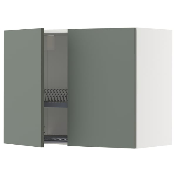 METOD wall cabinet w dish drainer/2 doors, white/Nickebo matt grey-green, 80x60 cm