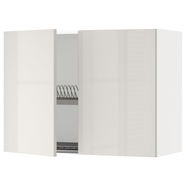 METOD wall cabinet w dish drainer/2 doors, white/Ringhult light grey, 80x60 cm