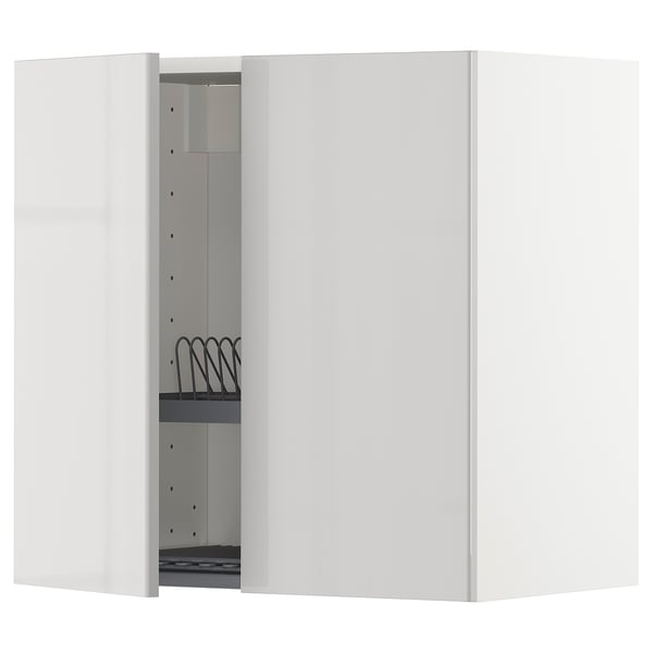 METOD wall cabinet w dish drainer/2 doors, white/Ringhult light grey, 60x60 cm