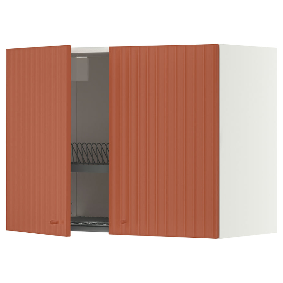 METOD wall cabinet w dish drainer/2 doors, white/Terrsjö red-brown wave pattern, 80x60 cm