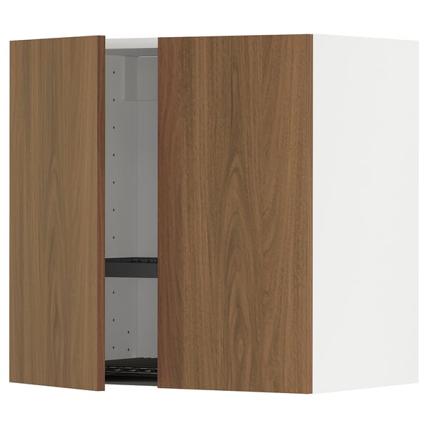 METOD wall cabinet w dish drainer/2 doors, white/Tistorp brown walnut effect, 60x60 cm