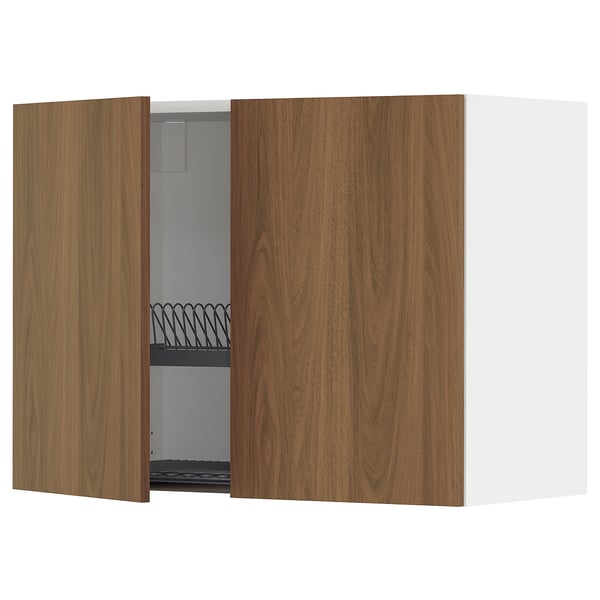 METOD wall cabinet w dish drainer/2 doors, white/Tistorp brown walnut effect, 80x60 cm