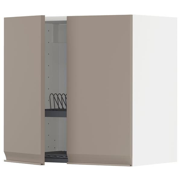 METOD wall cabinet w dish drainer/2 doors, white/Upplöv matt dark beige, 60x60 cm