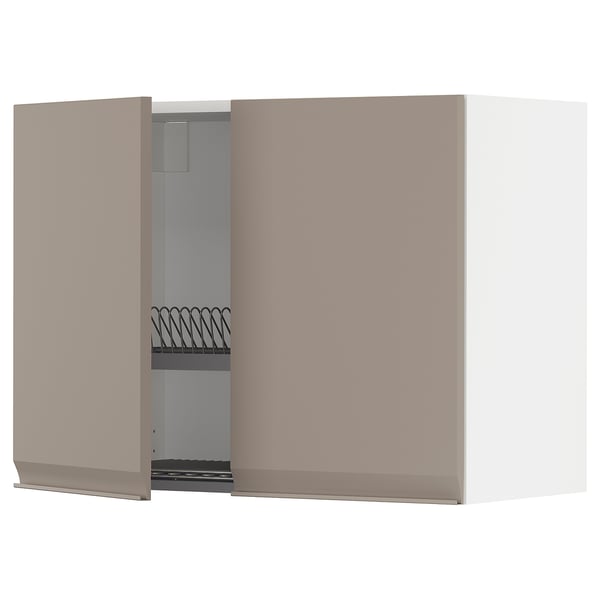METOD wall cabinet w dish drainer/2 doors, white/Upplöv matt dark beige, 80x60 cm