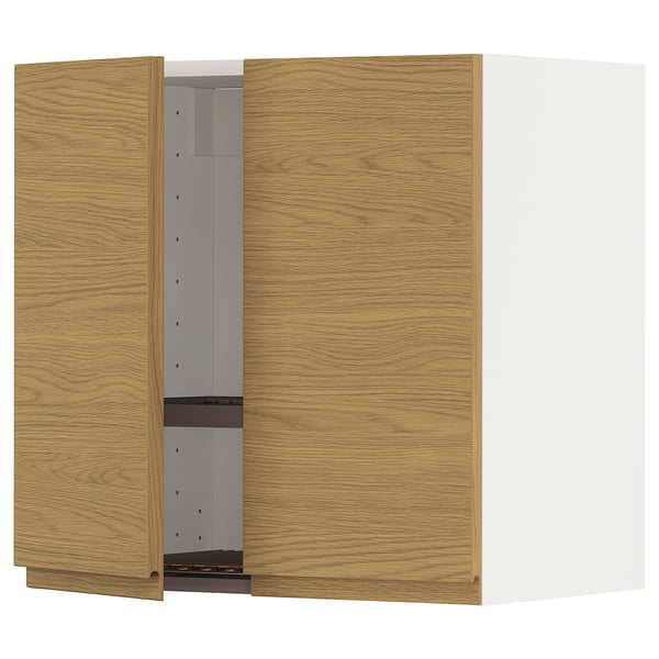 METOD wall cabinet w dish drainer/2 doors, white/Voxtorp oak effect, 60x60 cm