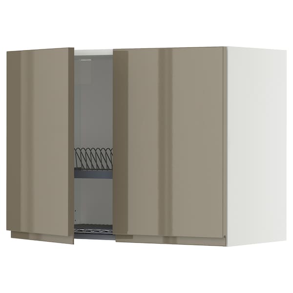 METOD wall cabinet w dish drainer/2 doors, white/Voxtorp high-gloss dark grey-brown, 80x60 cm