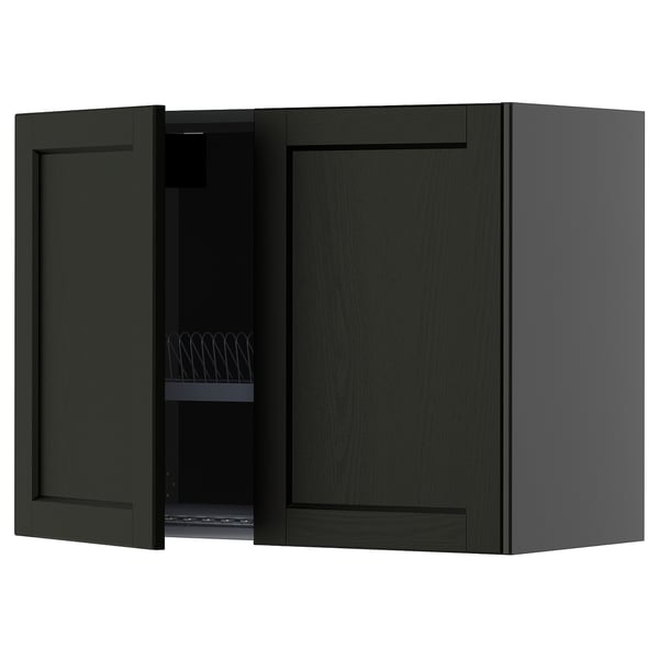 METOD wall cabinet w dish drainer/2 doors, black-grey/Lerhyttan black stained, 80x60 cm
