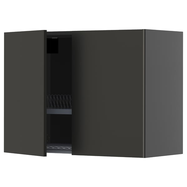 METOD wall cabinet w dish drainer/2 doors, black-grey/Nickebo matt anthracite, 80x60 cm