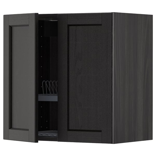METOD wall cabinet w dish drainer/2 doors, black/Lerhyttan black stained, 60.0x60.0x38.6 cm
