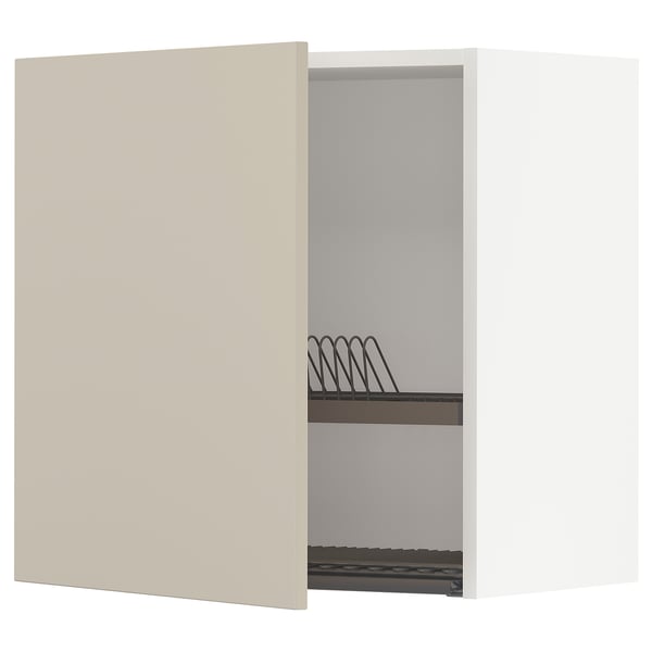 METOD wall cabinet with dish drainer, white/Havstorp beige, 60x60 cm