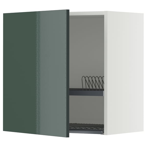 METOD wall cabinet with dish drainer, white/Kallarp high-gloss dark grey-green, 60x60 cm