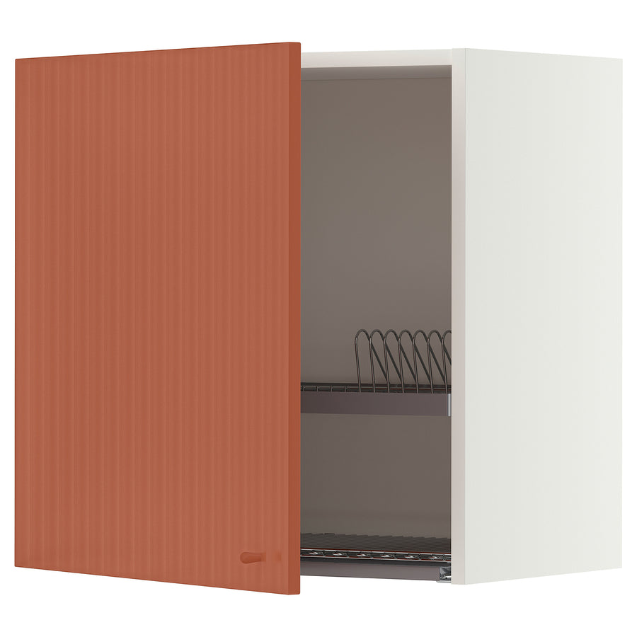 METOD wall cabinet with dish drainer, white/Terrsjö red-brown wave pattern, 60x60 cm