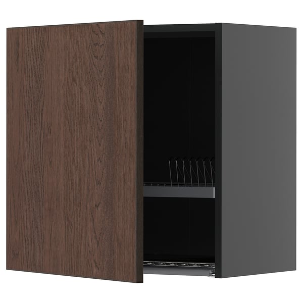 METOD wall cabinet with dish drainer, black-grey/Sinarp brown, 60x60 cm