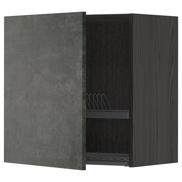 METOD wall cabinet with dish drainer, black/Kalhyttan dark grey concrete effect, 60.0x60.0x38.6 cm