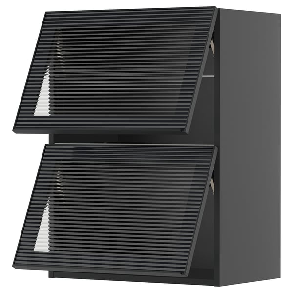 METOD wall cab horizontal w 2 glass doors, black-grey/Hejsta anthracite reeded glass, 60x80 cm