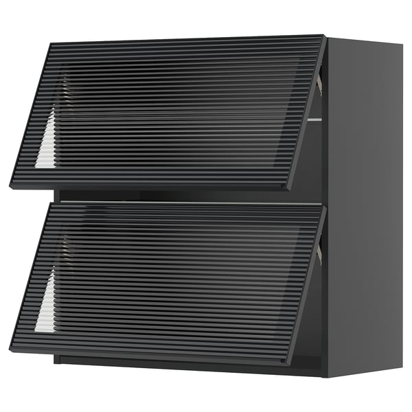 METOD wall cab horizontal w 2 glass doors, black-grey/Hejsta anthracite reeded glass, 80x80 cm