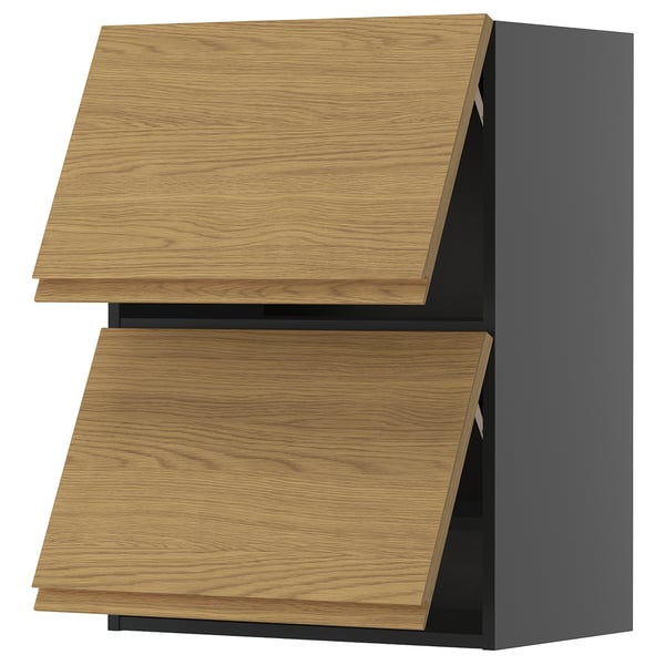 METOD wall cabinet horizontal w 2 doors, black-grey/Voxtorp oak effect, 60x80 cm