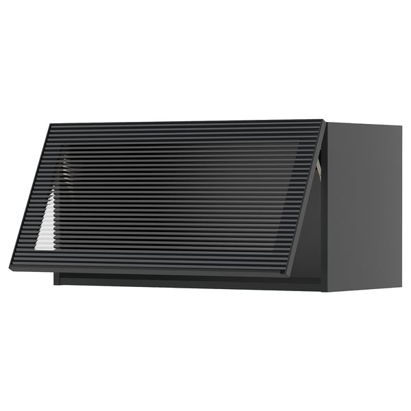 METOD wall cab horizontal w glass door, black-grey/Hejsta anthracite reeded glass, 80x40 cm