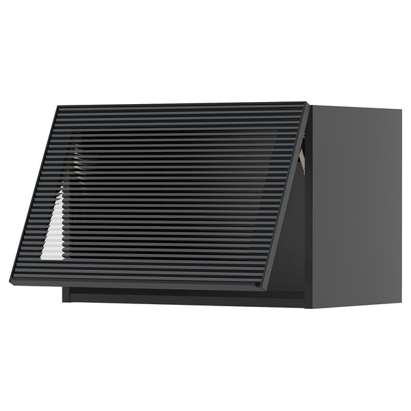 METOD wall cab horizontal w glass door, black-grey/Hejsta anthracite reeded glass, 60x40 cm