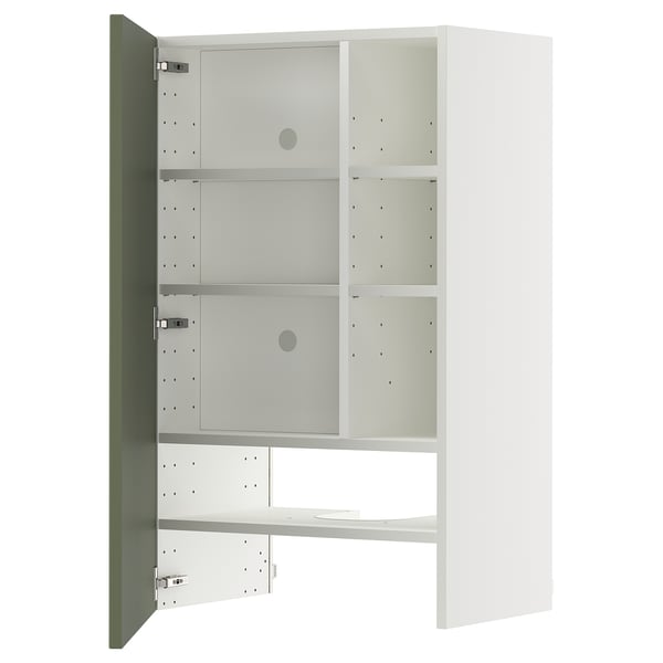 METOD wall cb f extr hood w shlf/door, white/Axstad grey-green, 60x100 cm