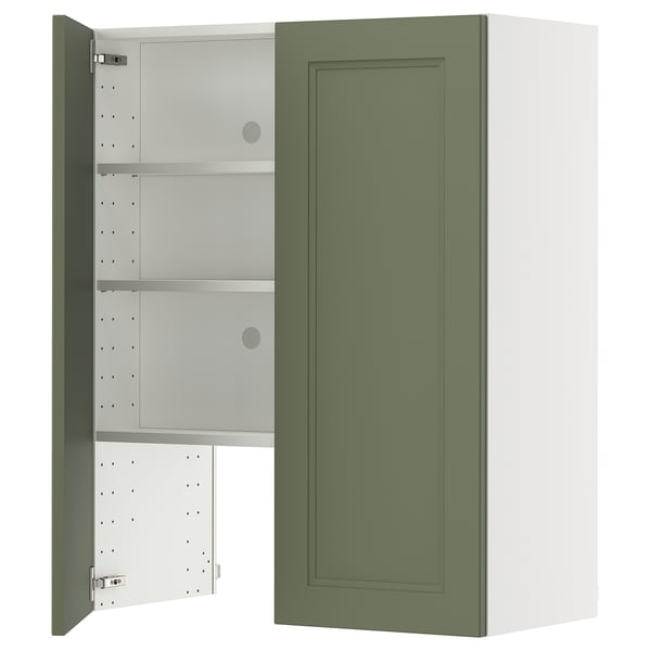 METOD wall cb f extr hood w shlf/door, white/Axstad grey-green, 80x100 cm