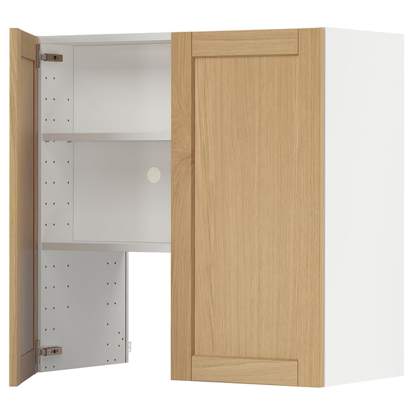 METOD wall cb f extr hood w shlf/door, white/Forsbacka oak, 80x80 cm