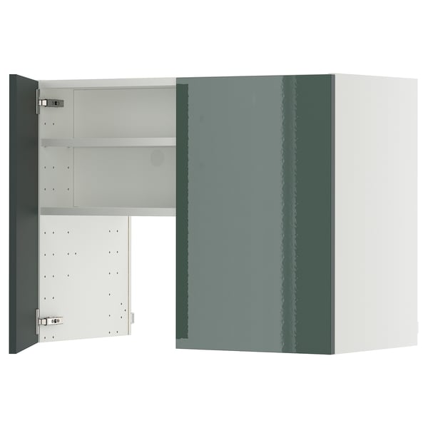 METOD wall cb f extr hood w shlf/door, white/Kallarp high-gloss dark grey-green, 80x60 cm
