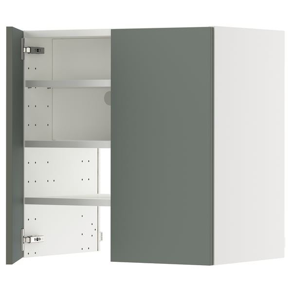 METOD wall cb f extr hood w shlf/door, white/Nickebo matt grey-green, 60x60 cm