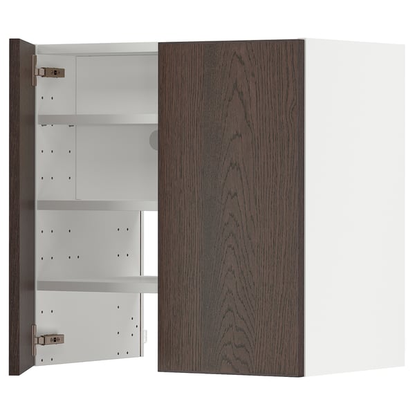 METOD wall cb f extr hood w shlf/door, white/Sinarp brown, 60x60 cm