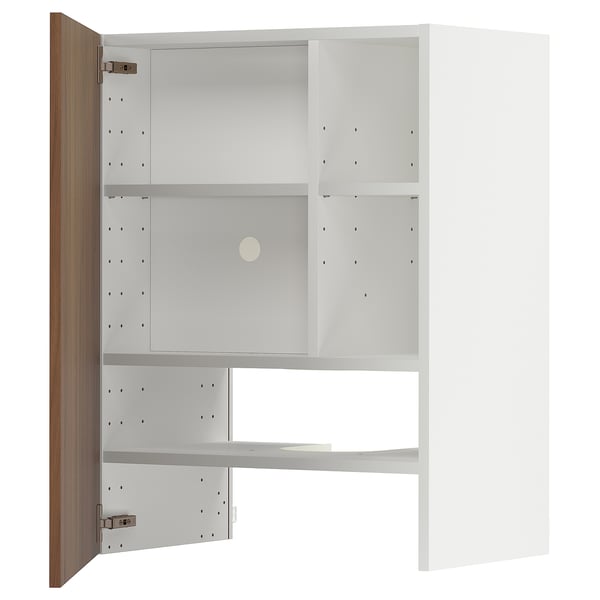 METOD wall cb f extr hood w shlf/door, white/Tistorp brown walnut effect, 60x80 cm