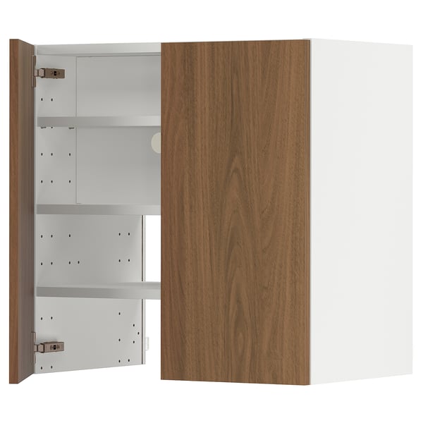 METOD wall cb f extr hood w shlf/door, white/Tistorp brown walnut effect, 60x60 cm