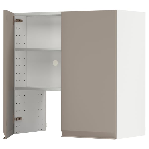 METOD wall cb f extr hood w shlf/door, white/Upplöv matt dark beige, 80x80 cm