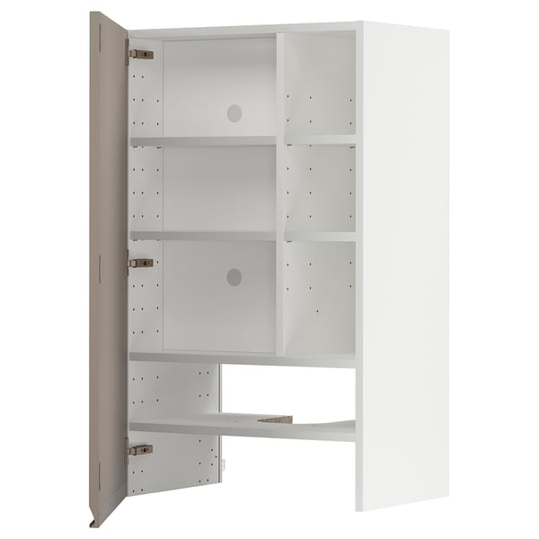 METOD wall cb f extr hood w shlf/door, white/Upplöv matt dark beige, 60x100 cm