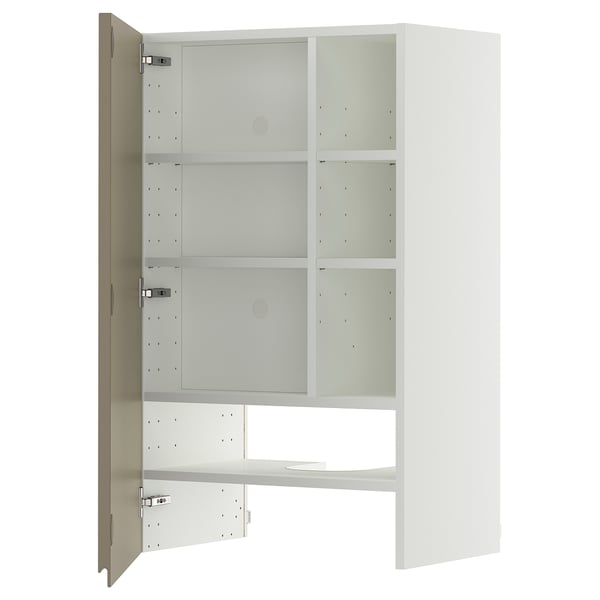 METOD wall cb f extr hood w shlf/door, white/Voxtorp high-gloss dark grey-brown, 60x100 cm