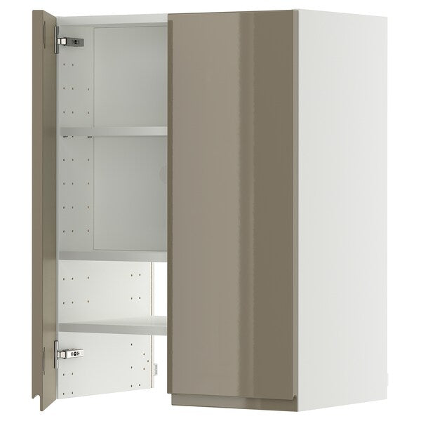 METOD wall cb f extr hood w shlf/door, white/Voxtorp high-gloss dark grey-brown, 60x80 cm