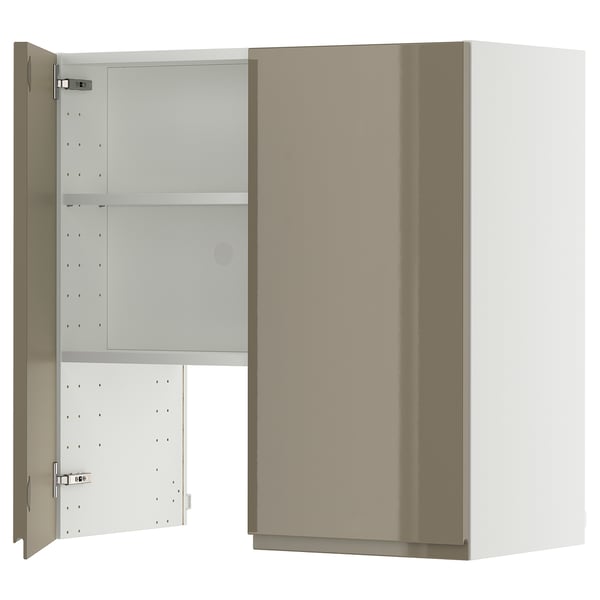 METOD wall cb f extr hood w shlf/door, white/Voxtorp high-gloss dark grey-brown, 80x80 cm