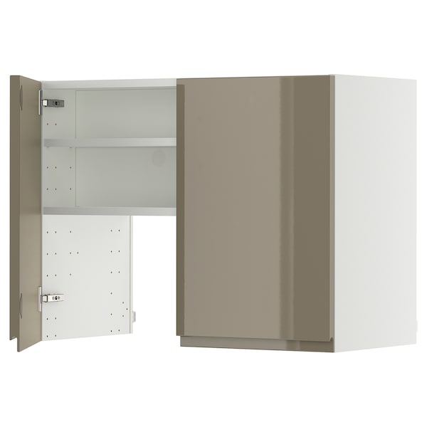METOD wall cb f extr hood w shlf/door, white/Voxtorp high-gloss dark grey-brown, 80x60 cm
