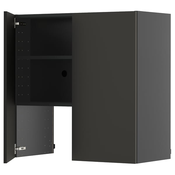 METOD wall cb f extr hood w shlf/door, black-grey/Nickebo matt anthracite, 80x80 cm