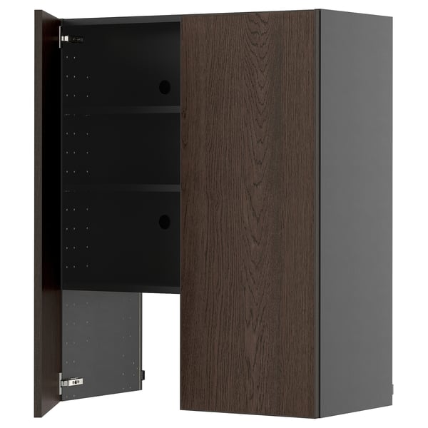 METOD wall cb f extr hood w shlf/door, black-grey/Sinarp brown, 80x100 cm