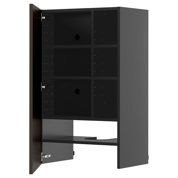 METOD wall cb f extr hood w shlf/door, black-grey/Sinarp brown, 60x100 cm